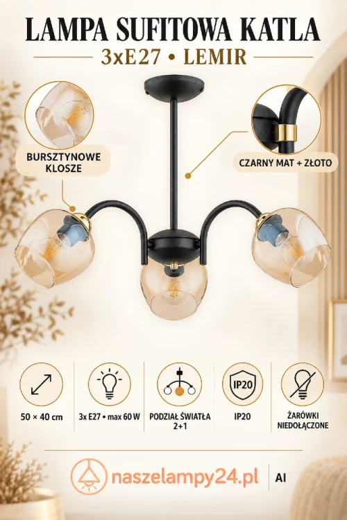 Nowoczesna lampa sufitowa KATLA 3xE27 wyróżnia się bursztynowymi kloszami, czarnym stelażem i złotymi detalami. Ma 50 cm szerokości, obsługuje żarówki LED oraz umożliwia podział światła 2+1. Eleganckie oświetlenie marki Lemir.