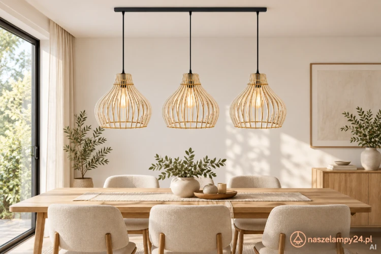 Drewniana lampa sufitowa BARREL Temar z trzema kloszami to efektowne oświetlenie jadalni, kuchni i salonu. Ażurowa sklejka topolowa 4 mm ociepla aranżację. Lampa ma szerokość 95 cm, wysokość 50–120 cm i trzy oprawki E27 do 40 W. IP20. Do jadalni i kuchni.