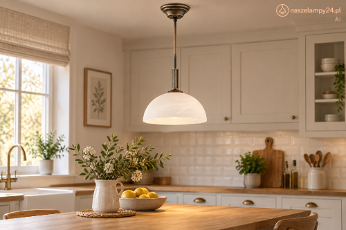 Klasyczna lampa sufitowa DELOS Lemir w kolorze patyny ma biały szklany klosz alabastrowy. Model O3387 W1 PAT: 1xE27 do 60W, średnica 30 cm, wysokość 50 cm, IP20. Eleganckie oświetlenie kuchni, jadalni lub salonu.