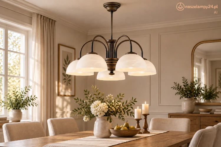 Klasyczna lampa sufitowa DELOS Lemir 5xE27 w kolorze patyny. Pięć szklanych kloszy alabastrowych równomiernie rozprasza światło. Średnica 58 cm, wysokość 50 cm, podział świecenia 3+2. Idealna do salonu i jadalni.