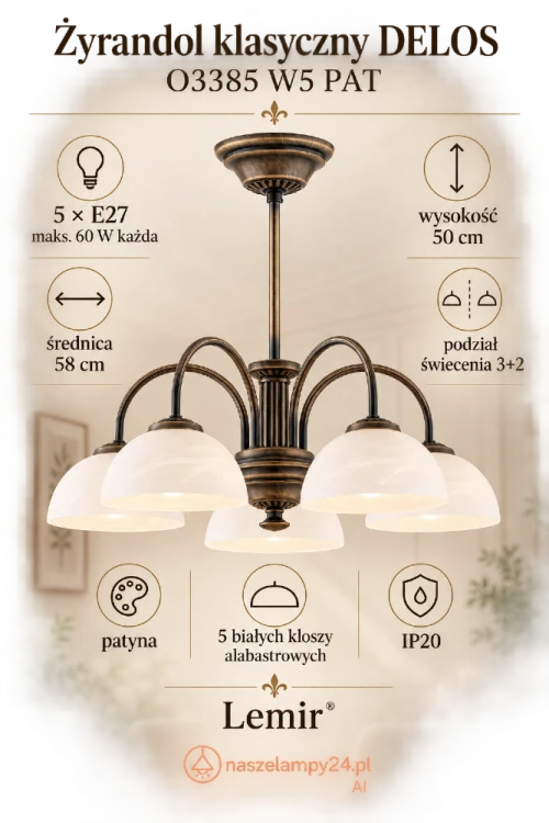 Żyrandol DELOS 5xE27 patyna Lemir O3385 W5 PAT to klasyczne oświetlenie nad stół oraz do salonu i jadalni. Ma 5 białych kloszy, średnicę 58 cm, wysokość 50 cm i podział 3+2. Solidna konstrukcja ze stali i odlewu ZNAL.