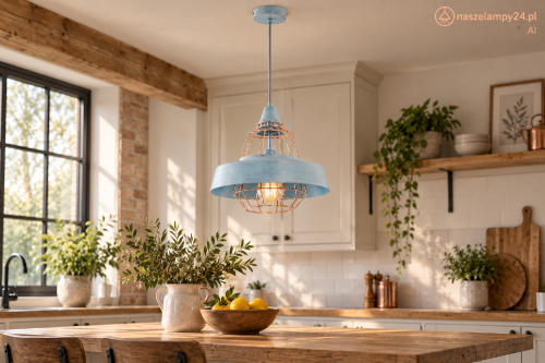 Loftowa lampa TAMARIS 60379 marki Alfa zachwyca przecieranym, miętowo-niebieskim kloszem i miedzianą osłoną żarówki. Wykonana z metalu i drewna, ma 40 cm szerokości, 90 cm wysokości oraz gwint E27 do 60W.