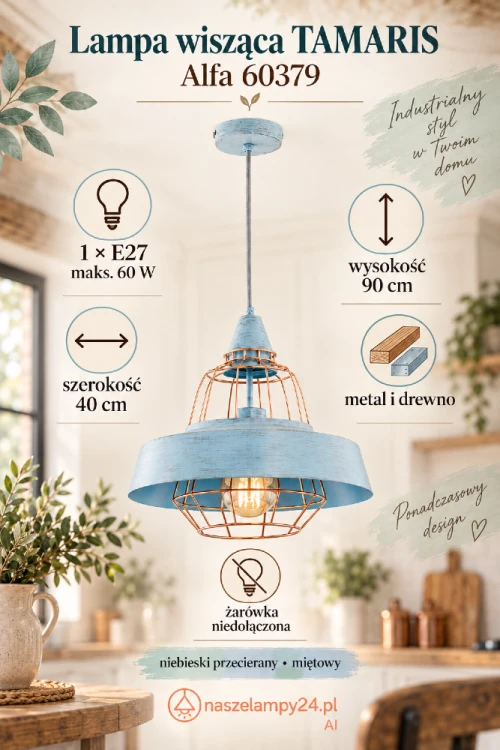 Lampa wisząca TAMARIS 1xE27 to efektowne oświetlenie kuchni, jadalni lub salonu. Niebieski przecierany klosz, metalowy kosz i drewniane elementy tworzą loftowy charakter. Wymiary: 40x90 cm. Żarówka nie jest dołączona.