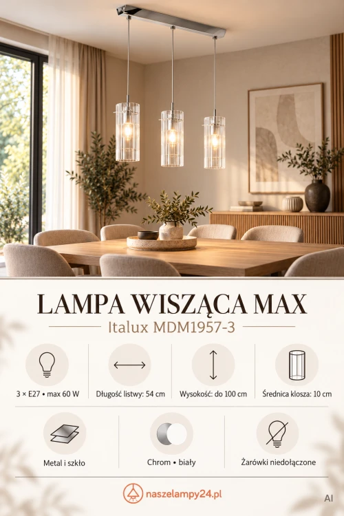 Elegancka lampa wisząca MAX MDM1957-3 marki Italux łączy chromowany metal z białymi szklanymi kloszami w kratkę. Regulowana wysokość do 100 cm ułatwia dopasowanie oprawy do salonu, jadalni, kuchni, pokoju lub przedpokoju.