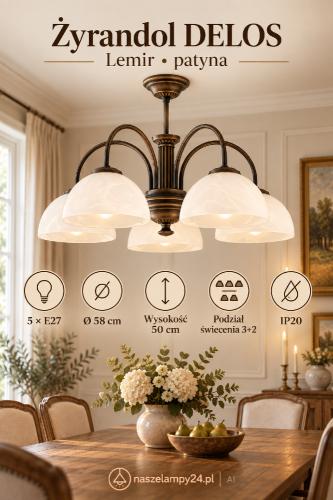 Żyrandol DELOS Lemir 5×E27 w kolorze patyny ma pięć białych szklanych kloszy imitujących alabaster. Średnica 58 cm, wysokość 50 cm i podział świecenia 3+2. Klasyczna lampa do salonu i jadalni.