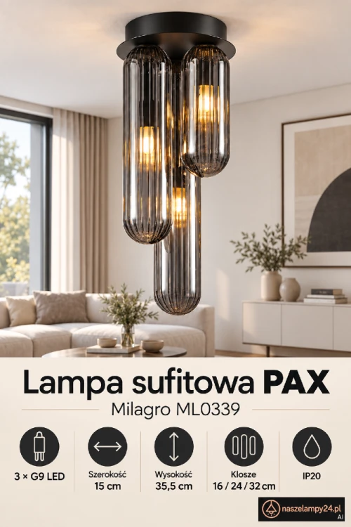 Szukasz kompaktowej lampy sufitowej? PAX ML0339 ma 15 cm szerokości, czarną metalową oprawę i trzy dymione klosze w kaskadowym układzie. Pasuje do nowoczesnego salonu lub przedpokoju.
