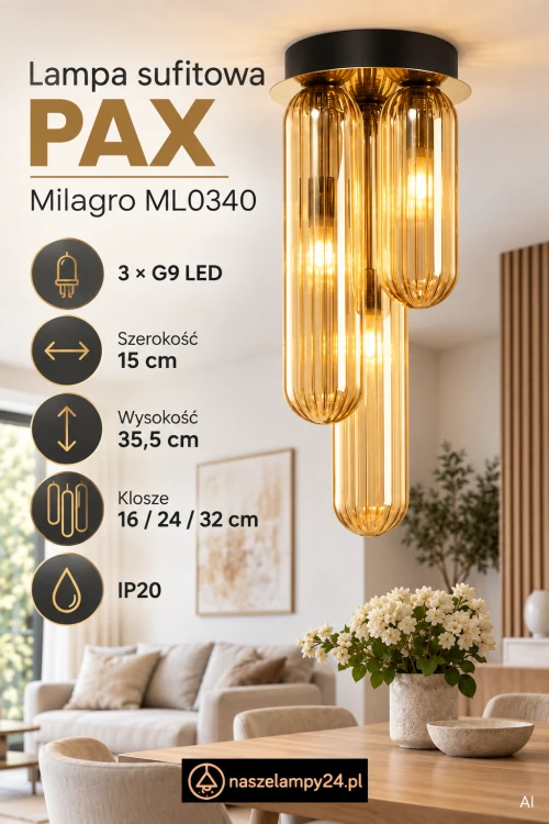 Szukasz lampy sufitowej z bursztynowymi kloszami? PAX ML0340 ma złote detale, trzy klosze o wysokości 16, 24 i 32 cm oraz oprawki G9 LED. Pasuje do nowoczesnej sypialni lub salonu