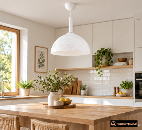 Designerska lampa wisząca z białym, marmurkowym kloszem i prostą, elegancką oprawą, doskonała do oświetlenia wyspy lub stołu w kuchni