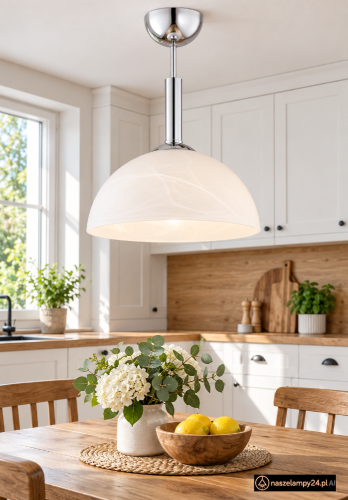 Lampa sufitowa KLARA Lemir O3531/W1/CHR ma chromowaną oprawę i biały szklany klosz o alabastrowym wzorze. Średnica 30 cm, wysokość 43 cm. Sprawdzi się nad stołem w kuchni lub jadalni.
