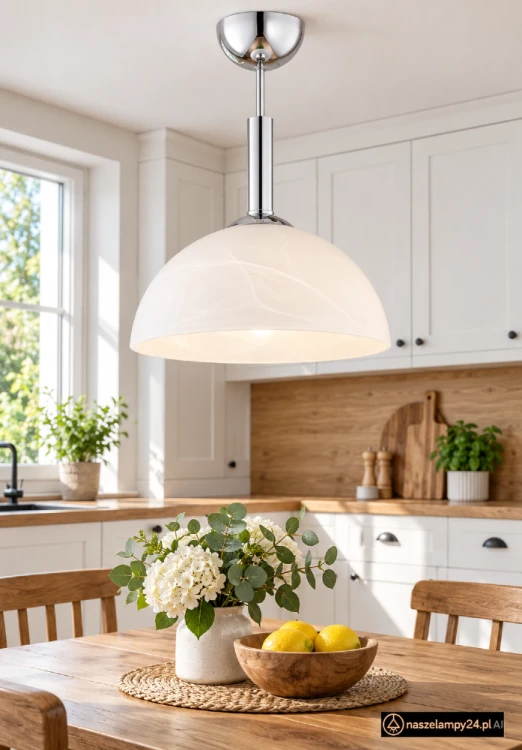 Lampa sufitowa KLARA Lemir O3531/W1/CHR ma chromowaną oprawę i biały szklany klosz o alabastrowym wzorze. Średnica 30 cm, wysokość 43 cm. Sprawdzi się nad stołem w kuchni lub jadalni.