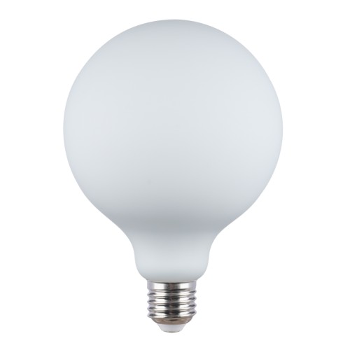Żarówka LED G125 E27 8 W z mlecznym szkłem emituje 690 lm ciepłego światła 3000 K. Kąt świecenia 360° pomaga równomiernie oświetlić wnętrze. Model jest ściemnialny i pasuje do lamp z gwintem E27. Średnica 12,5 cm, wysokość 17,5 cm.