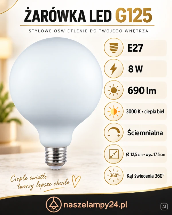 Ściemnialna żarówka LED E27 G125 to dekoracyjna kula z białego szkła opalowego. Moc 8 W, jasność 690 lm i ciepła barwa 3000 K sprawdzą się w salonie, jadalni oraz sypialni. Kąt świecenia 360°, wymiary 12,5 × 17,5 cm.