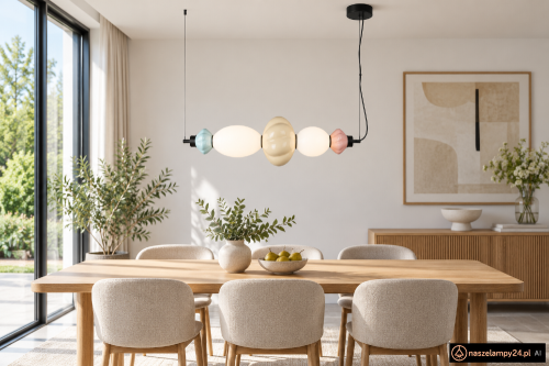 TORDI to nowoczesna lampa wisząca LED do jadalni i salonu. Biały klosz, czarna armatura oraz zielone i niebieskie elementy ceramiczne przyciągają wzrok. Moc 18 W, strumień 2208 lm i barwa 3000 K zapewniają ciepłe oświetlenie wnętrza.