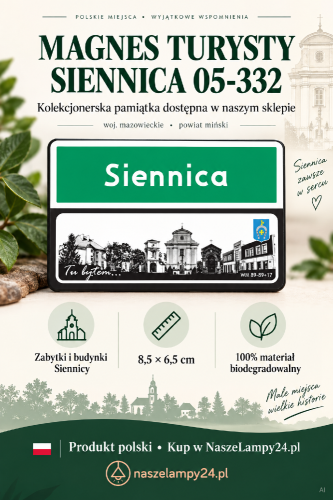 Szukasz pamiątki z Siennicy? Magnes Turysty SIENNICA 05-332 nawiązuje do znaku „teren zabudowany” i przedstawia lokalne budynki. Polski produkt o wymiarach 8,5 × 6,5 cm kupisz w NaszeLampy24.pl.