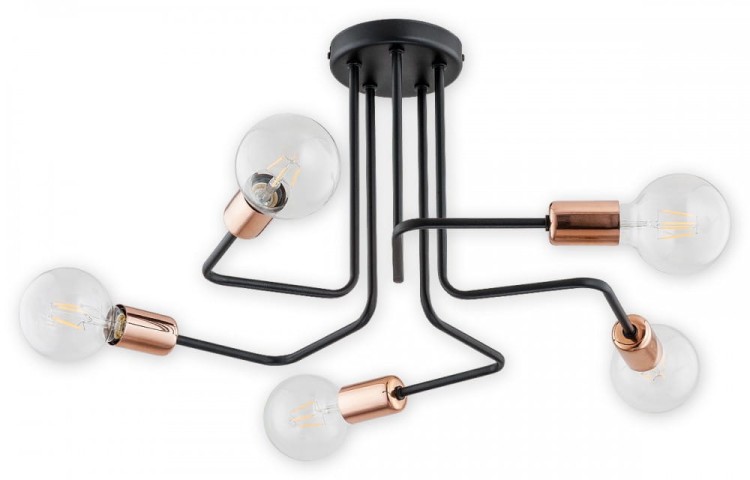 Żyrandol PIXI Lemir O2745 W5 CZA – klasyczna lampa sufitowa czarna z miedzianymi akcentami. 5xE27 60W, łącznie 300W. Solidne polskie wykonanie, eleganckie oświetlenie do salonu, jadalni lub sypialni.