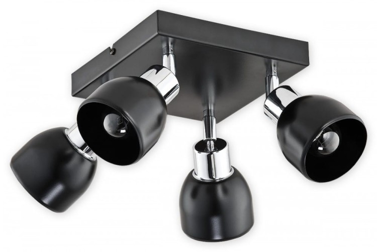 Spot FENIKS LEMIR O2594 P4 CZA – nowoczesna lampa sufitowa 4xE27 w czarnym półmacie z chromem. Polska produkcja, solidne stalowe wykonanie, elegancki design i możliwość stosowania żarówek LED