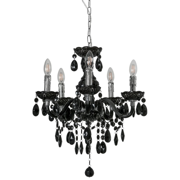 Żyrandol WHIZ Italux w stylu Maria Teresa, czarny z kryształkami. Wykonany z metalu i akrylu, 5xE14 max 40W, LED/eco. Średnica 50 cm, wysokość 113 cm. Luksusowe oświetlenie glamour do salonu, sypialni lub jadalni. Zasilanie 230V, gwarancja 2 lat