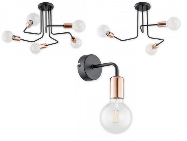 Klasyczny żyrandol PIXI Lemir w czarnym macie z detalami w kolorze miedzi. 5 źródeł światła E27 max 60W, IP20. Stylowa i funkcjonalna lampa sufitowa polskiego producenta.