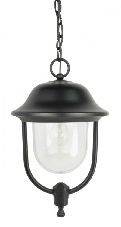Lampa wisząca zewnętrzna PRINCE na jedną żarowkę. Lampa do umieszczenia na tarasie, balkonie, przed domem. Wykonanie trwałe aluminium, duży klosz przezroczysty.