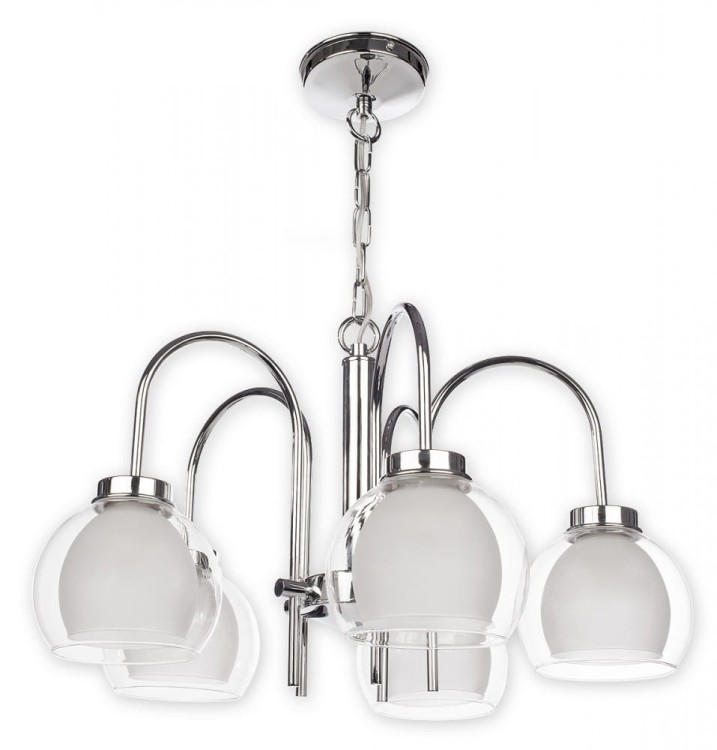 Żyrandol DEXY O2045 W5 CH marki Lemir to elegancka lampa wisząca z pięcioma podwójnymi kloszami ze szkła. Chromowana konstrukcja i funkcjonalny podział świecenia 3+2 sprawiają, że idealnie sprawdzi się w salonie, jadalni oraz sypialni.