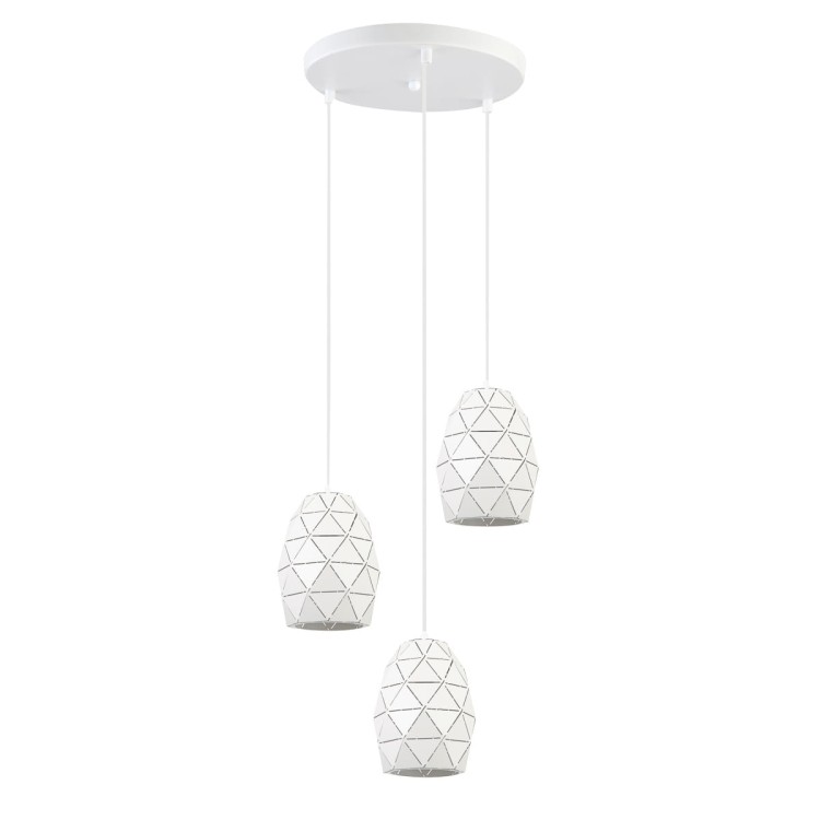 Elegancka lampa HARLEY Italux MDM-3480/3A W. Trzy źródła światła E27, biały kolor i geometryczny design kloszy. Regulowana wysokość zawieszenia, solidne wykonanie z metalu, doskonała do wnętrz nowoczesnych i skandynawskich.